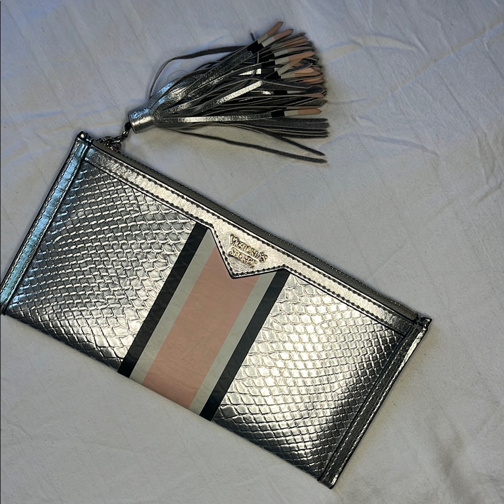 Sleek Silver and Pink Clutch with Textured Finish